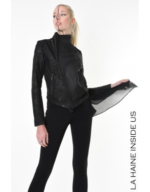 4O LW840 JACKET Dyed Leather & Georgette Black