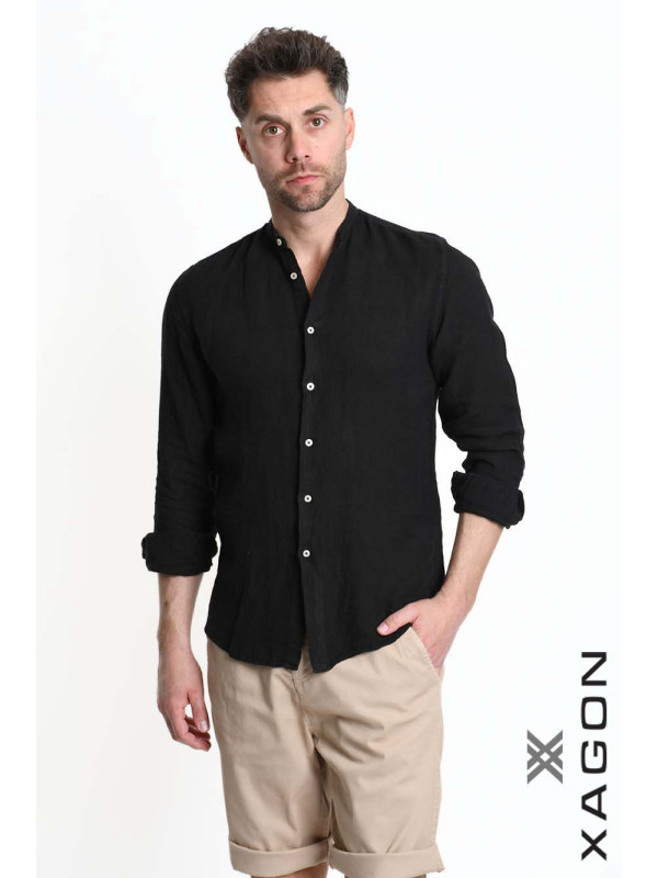 Camicia in Lino Regular Fit con Collo Coreano