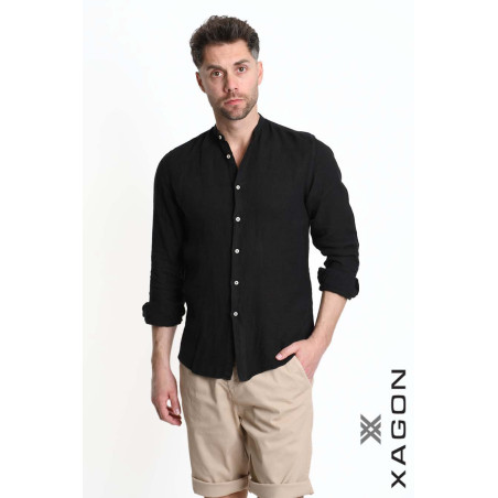 Camicia in Lino Regular Fit con Collo Coreano