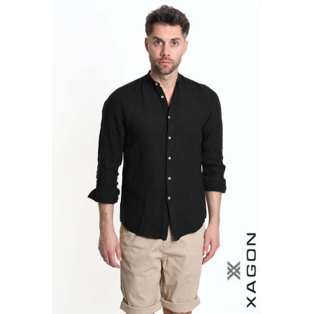 Regular Fit Linen Shirt with Mandarin Collar