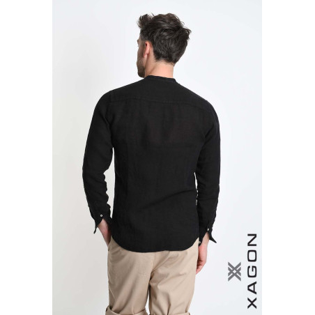 Camicia in Lino Regular Fit con Collo Coreano