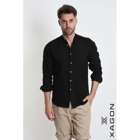 Camicia in Lino Regular Fit con Collo Coreano