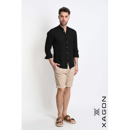 Camicia in Lino Regular Fit con Collo Coreano