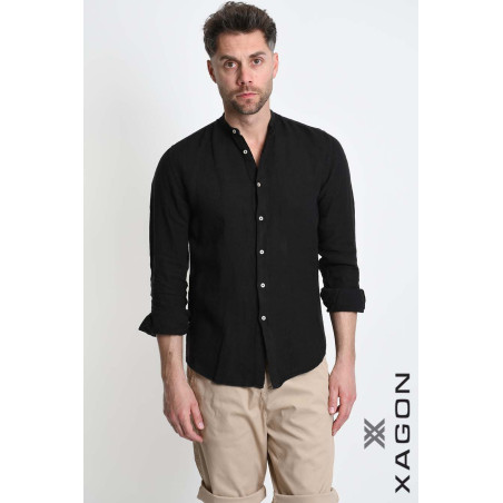 Regular Fit Linen Shirt with Mandarin Collar