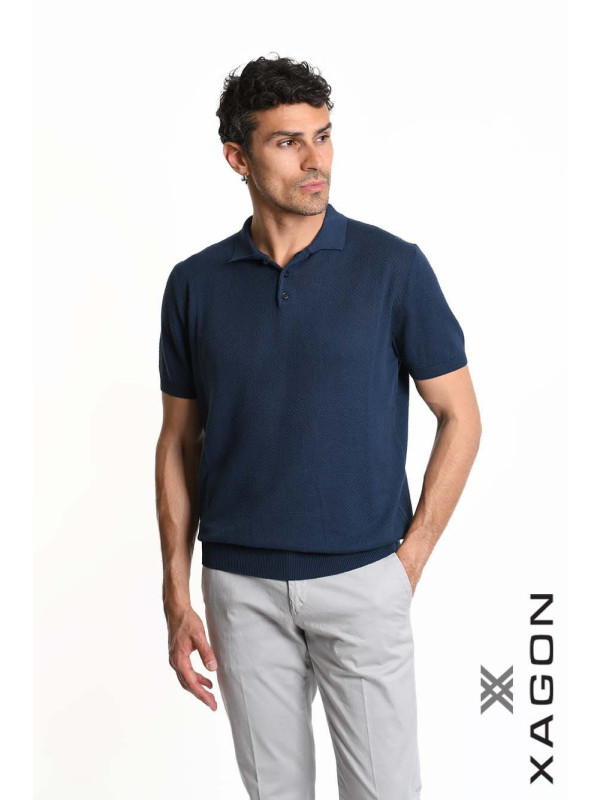 POLO Regular Fit Cotton Textured Fabric Blue